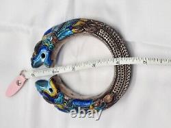 Chinese Antique Silver Tribal Enamel Double Dragon Bracelet Blue Teal Heavy