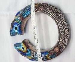 Chinese Antique Silver Tribal Enamel Double Dragon Bracelet Blue Teal Heavy