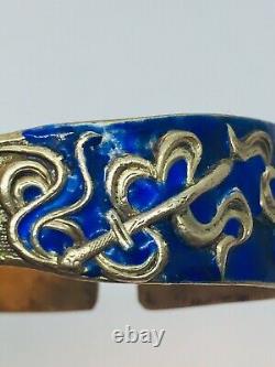 Chinese Antique Sterling Silver Gold Vermeil Blue Enamel Jade Buddha Bracelet