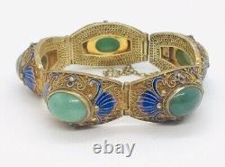 Chinese Antique Sterling Silver Green Aventurine Blue Enamel Bracelet