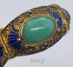 Chinese Antique Sterling Silver Green Aventurine Blue Enamel Bracelet