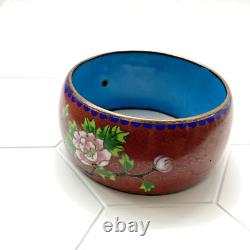 Chinese Cloisonné Enamel Bangle Bracelet Wide Flowers Bird Blue Pink Green 1970s