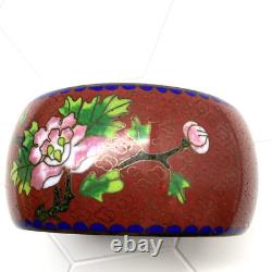 Chinese Cloisonné Enamel Bangle Bracelet Wide Flowers Bird Blue Pink Green 1970s
