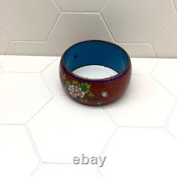 Chinese Cloisonné Enamel Bangle Bracelet Wide Flowers Bird Blue Pink Green 1970s