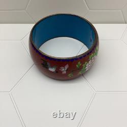 Chinese Cloisonné Enamel Bangle Bracelet Wide Flowers Bird Blue Pink Green 1970s