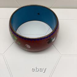 Chinese Cloisonné Enamel Bangle Bracelet Wide Flowers Bird Blue Pink Green 1970s
