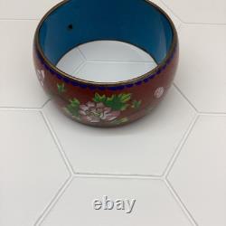 Chinese Cloisonné Enamel Bangle Bracelet Wide Flowers Bird Blue Pink Green 1970s