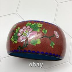 Chinese Cloisonné Enamel Bangle Bracelet Wide Flowers Bird Blue Pink Green 1970s