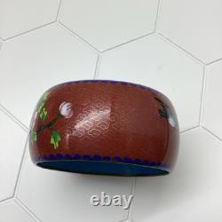 Chinese Cloisonné Enamel Bangle Bracelet Wide Flowers Bird Blue Pink Green 1970s