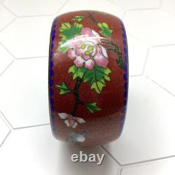 Chinese Cloisonné Enamel Bangle Bracelet Wide Flowers Bird Blue Pink Green 1970s