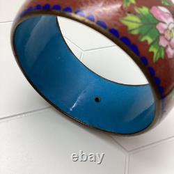 Chinese Cloisonné Enamel Bangle Bracelet Wide Flowers Bird Blue Pink Green 1970s