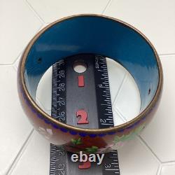 Chinese Cloisonné Enamel Bangle Bracelet Wide Flowers Bird Blue Pink Green 1970s