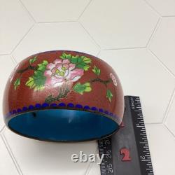 Chinese Cloisonné Enamel Bangle Bracelet Wide Flowers Bird Blue Pink Green 1970s