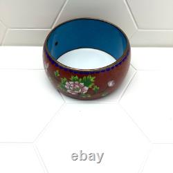 Chinese Cloisonné Enamel Bangle Bracelet Wide Flowers Bird Blue Pink Green 1970s