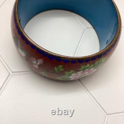 Chinese Cloisonné Enamel Bangle Bracelet Wide Flowers Bird Blue Pink Green 1970s