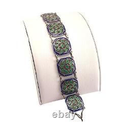 Chinese Export Enamel Filigree Coin Silver Link Bracelet Blue and Green