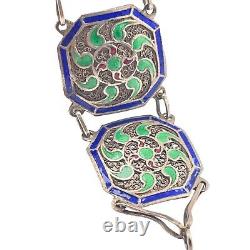 Chinese Export Enamel Filigree Coin Silver Link Bracelet Blue and Green