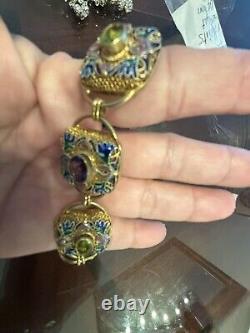 Chinese Export Silver Gold Wash Peridot Amethyst Enamel Bracelet! Vint