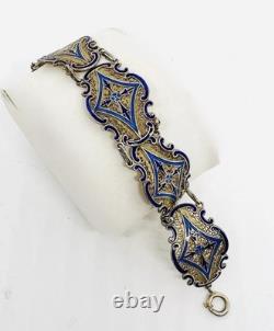 Chinese Export Sterling Silver Blue Enamel Filigree Bracelet 19g Vintage Jewelry