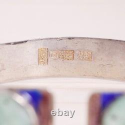 Chinese Export Sterling Silver Carved Jade Blue Purple Enamel Cuff Bracelet 8