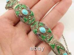 Chinese Export Sterling Silver Link Bracelet Turquoise, Enamel, Filigree, Floral