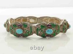 Chinese Export Sterling Silver Link Bracelet Turquoise, Enamel, Filigree, Floral