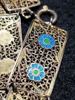 Chinese Import Gold Silver Filigree Bracelet Enamel Blue Green Flowers