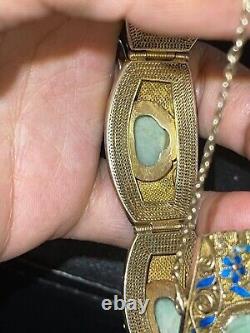 Chinese Jade Buddha Bracelet / Silver Filigree And Blue Enamel/ Antique Bracelet