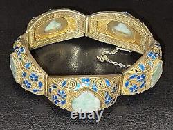 Chinese Jade Buddha Bracelet / Silver Filigree And Blue Enamel/ Antique Bracelet