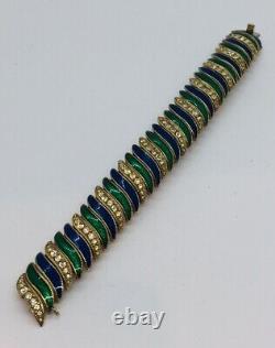 Ciner Vintage Yellow Gold Plated Clear Rhinestone Blue & Green Enamel Bracelet