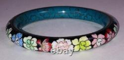 Cloisonné Bangle Black Floral Late 1960s-70s Blue Inside Classic Asian Vtg Boho
