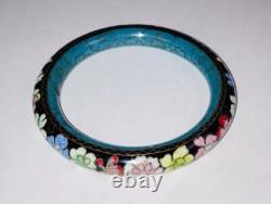 Cloisonné Bangle Black Floral Late 1960s-70s Blue Inside Classic Asian Vtg Boho