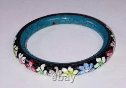 Cloisonné Bangle Black Floral Late 1960s-70s Blue Inside Classic Asian Vtg Boho