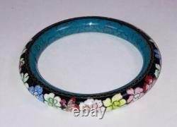 Cloisonné Bangle Black Floral Late 1960s-70s Blue Inside Classic Asian Vtg Boho