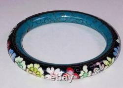 Cloisonné Bangle Black Floral Late 1960s-70s Blue Inside Classic Asian Vtg Boho