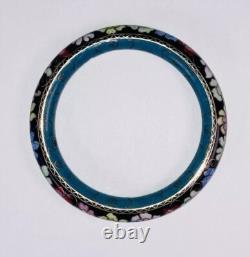 Cloisonné Bangle Black Floral Late 1960s-70s Blue Inside Classic Asian Vtg Boho