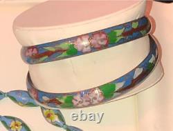 Cloisonné Bangle Bracelet Pink Blue Floral Enamel Pair