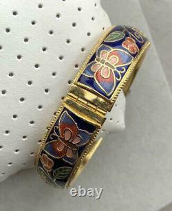 Cloisonne Bracelet Vintage Enamel Retro Color Blue Gold Butterflies Charms 70s