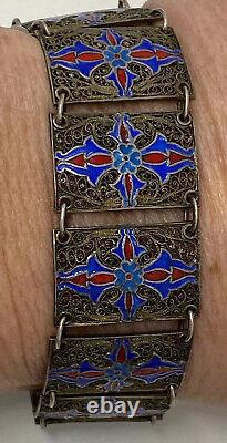 Cool Vintage Intricate 800 Sterling Silver Red Blue Enamel Filigree Bracelet 6