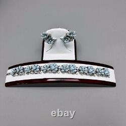 Crown Trifari Blue Enamel Flowers Rhinestone Silver Earrings Bracelet Set