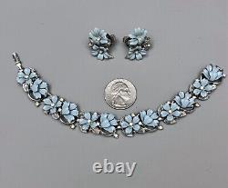 Crown Trifari Blue Enamel Flowers Rhinestone Silver Earrings Bracelet Set