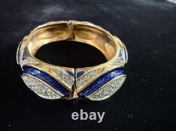 Crown Trifari Blue Enamel Rhinestone Clamper Bracelet Alfred Philippe 1960s