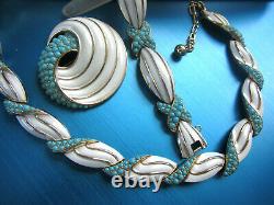 Crown Trifari Enamel Glass Turquoise Ballotini Bead Necklace Bracelet Brooch Set