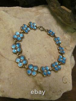 D-A NORVAY Sterling Silver 925 Blue Guilloche Enamel Flower Link bracelet 11.5g
