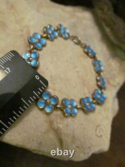 D-A NORVAY Sterling Silver 925 Blue Guilloche Enamel Flower Link bracelet 11.5g