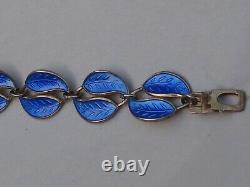 DAVID ANDERSEN Norway Sterling Silver Blue Guilloche Enamel Link Bracelet Leaf