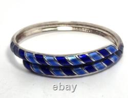 David Andersen Sterling Silver Norway Blue Guilloche Enamel bypass bracelet