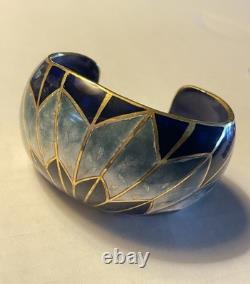 David Kuo Champleve Blue White Gold Cobalt inside Enamel Peacock Cuff Bracelet