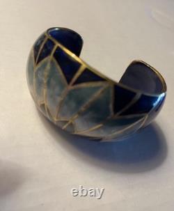 David Kuo Champleve Blue White Gold Cobalt inside Enamel Peacock Cuff Bracelet