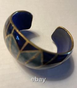 David Kuo Champleve Blue White Gold Cobalt inside Enamel Peacock Cuff Bracelet